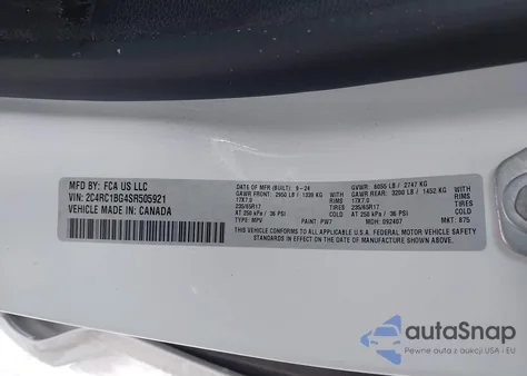 2025 Chrysler Pacifica Select z USA, uszkodzony, nr VIN 2C4RC1BG4SR505921